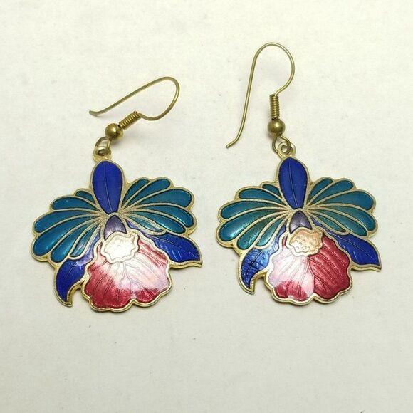 Vintage Colorful Enamel Floral Dangle Earrings, Tropical Flowers, Blue Red - Picture 5 of 6